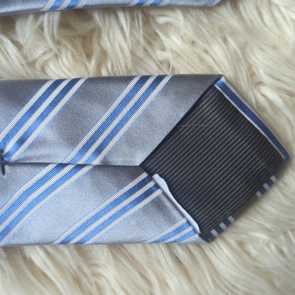 NORDSTROM Metallic Silver and Blue Striped  Silk Cotton Tie - Picture 4 of 4